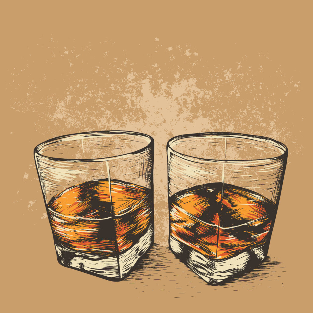 Whiskey in two glasses.Hand drawn style. Alcoholic drinks design.Vector illustration